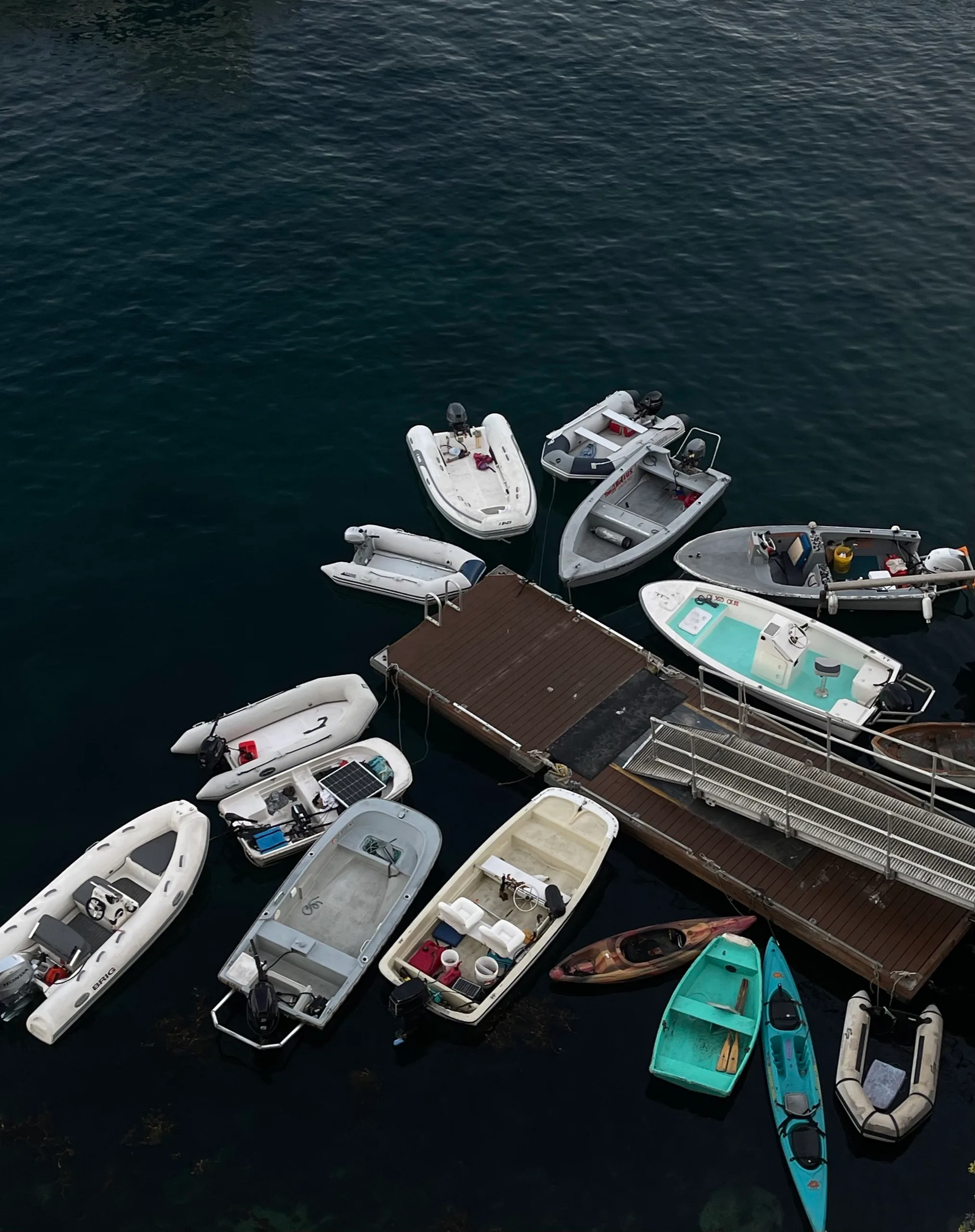 Dinghies rafted along a floating dock, seen from directly above