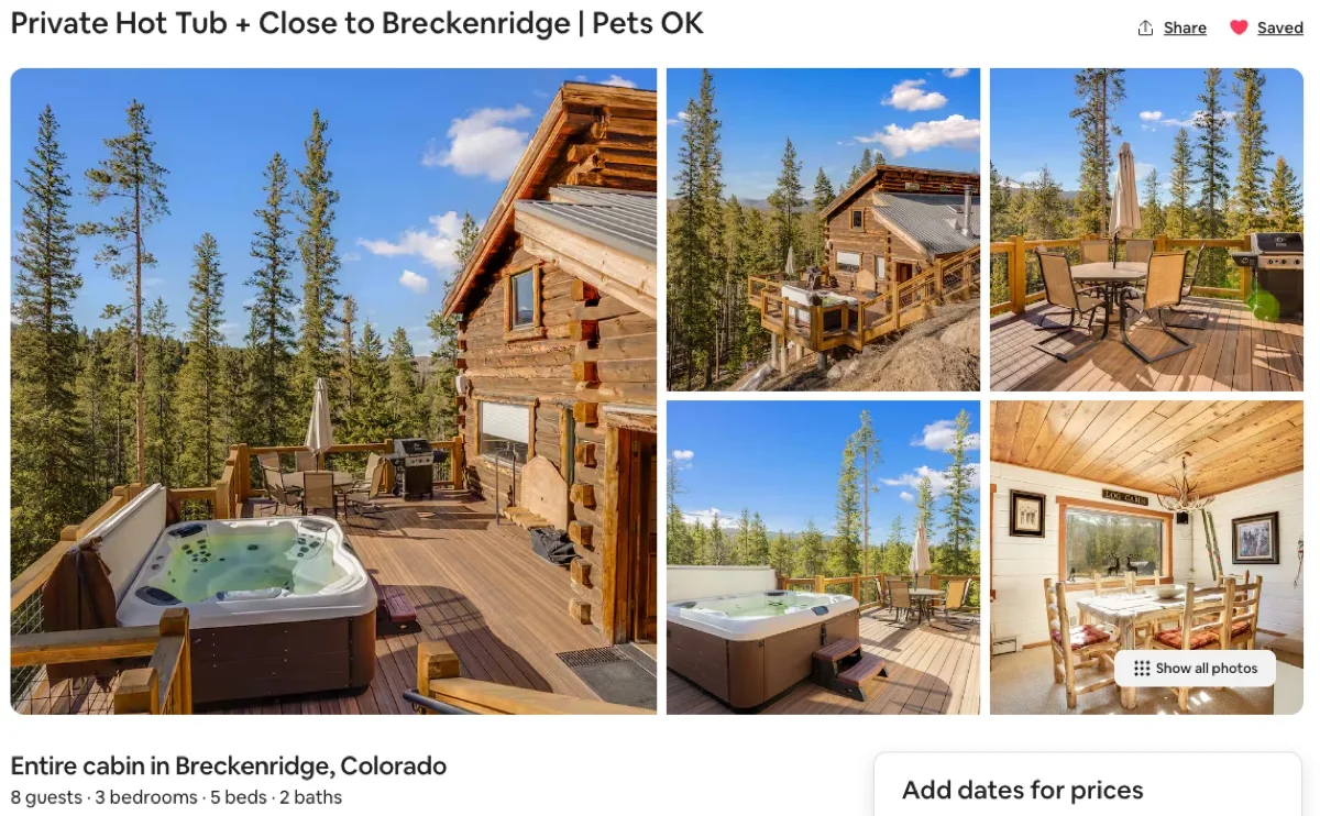Airbnb listing for a log cabin with private hot tub near Breckenridge, Colorado