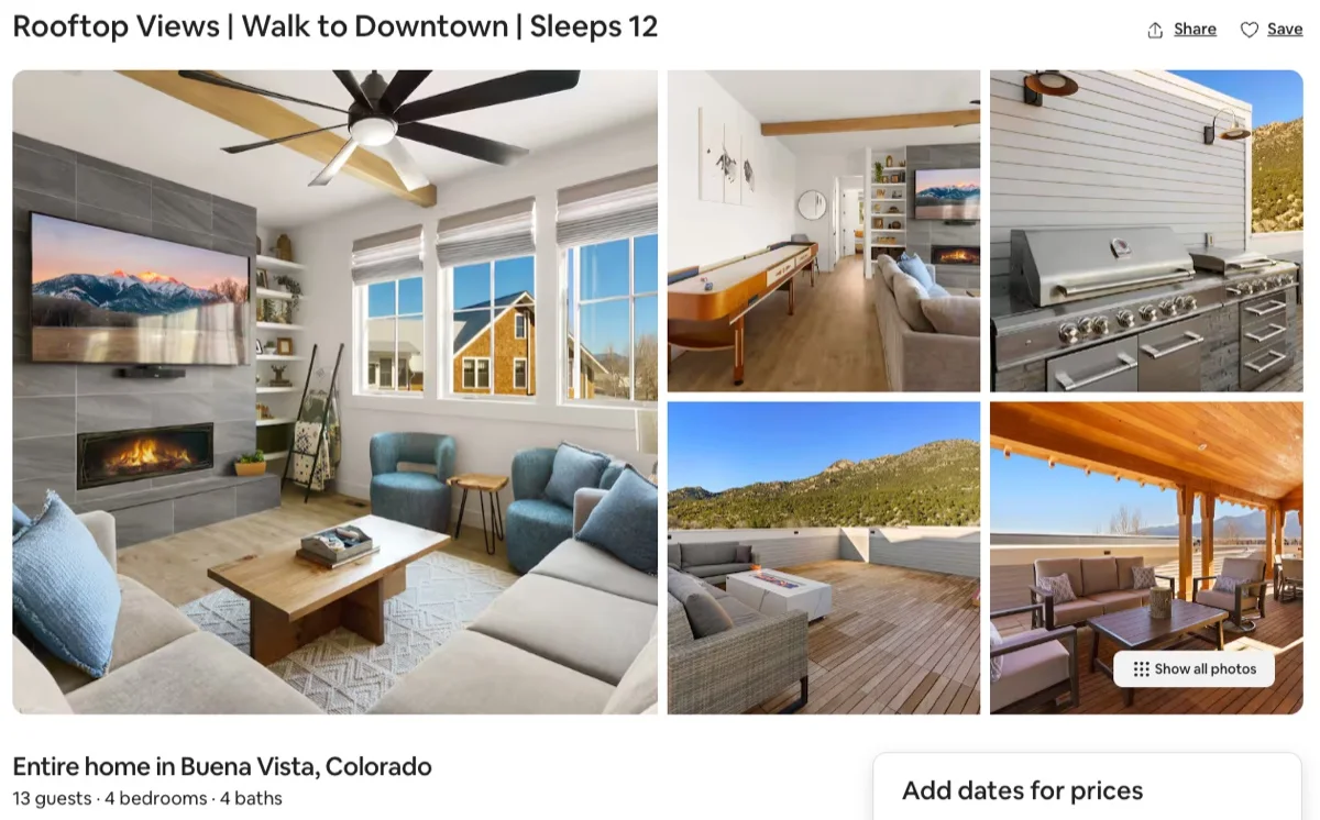 Airbnb listing for a rooftop-view home walkable to downtown in Buena Vista, Colorado