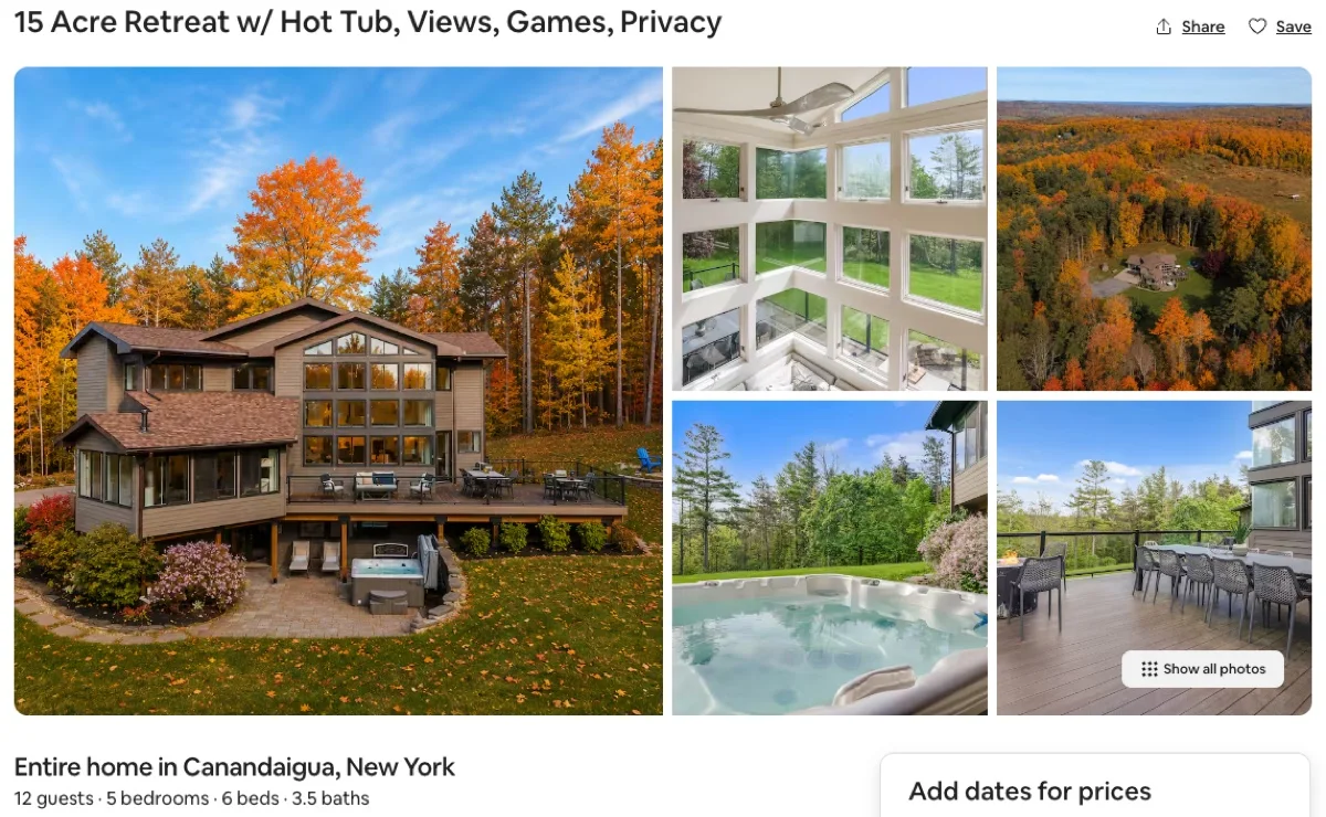 Airbnb listing for a fifteen-acre retreat with hot tub and views in Canandaigua, New York