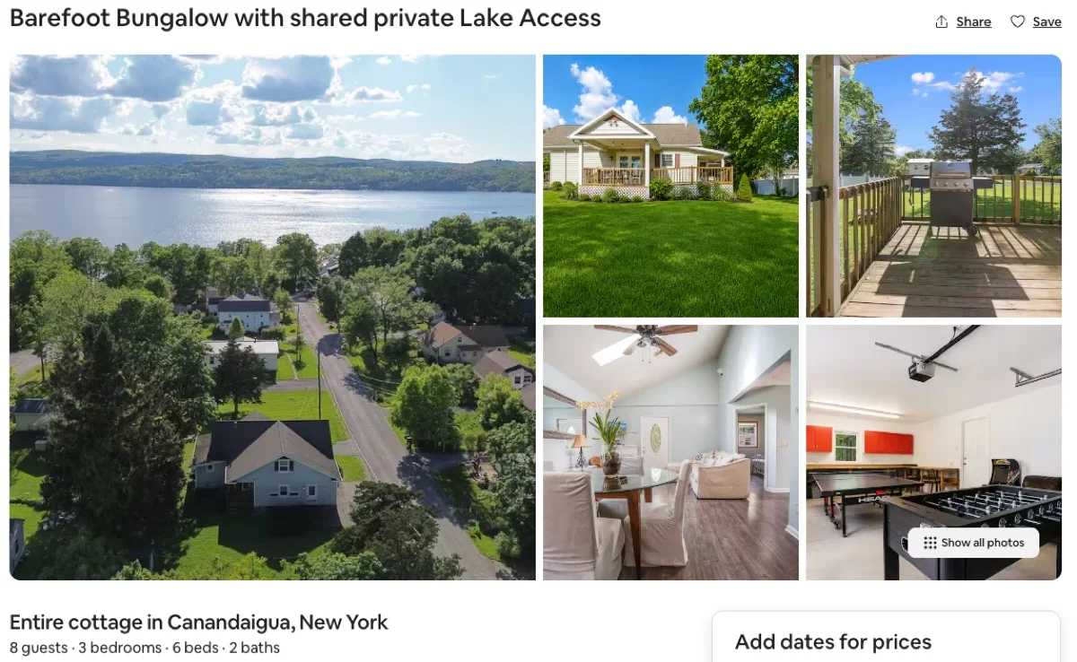 Airbnb listing for Barefoot Bungalow with shared lake access in Canandaigua, New York