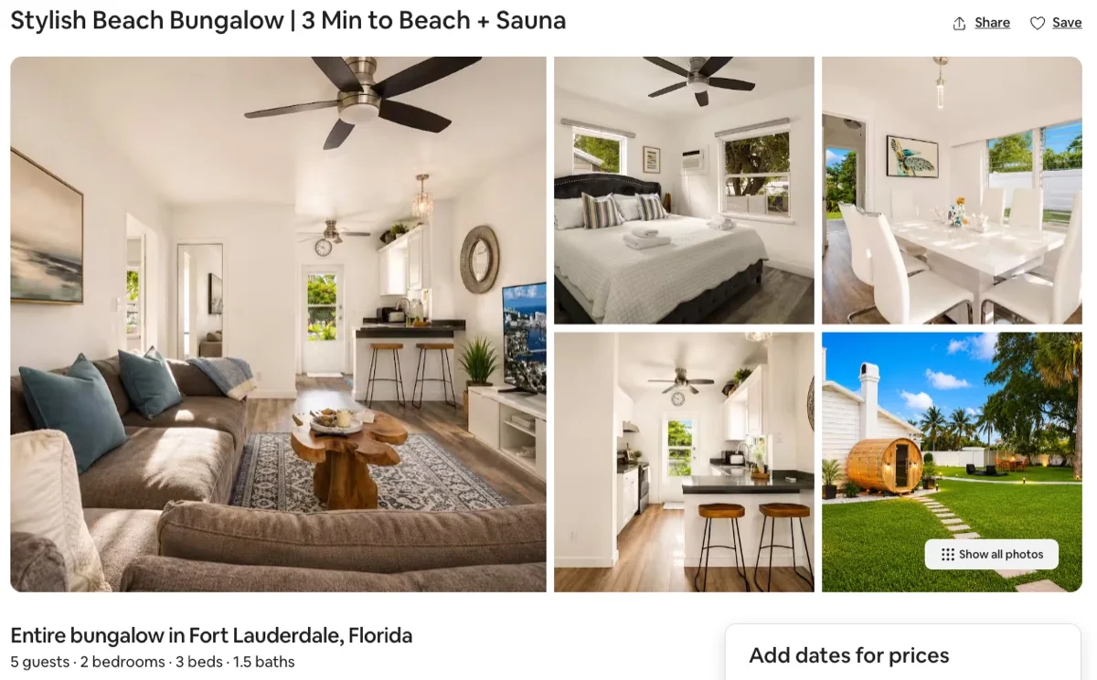 Airbnb listing for a stylish beach bungalow with sauna in Fort Lauderdale, Florida