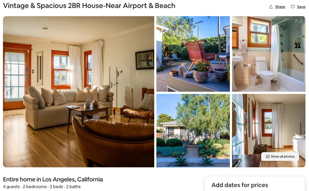 Airbnb listing for a vintage two-bedroom house near the airport and beach in Los Angeles