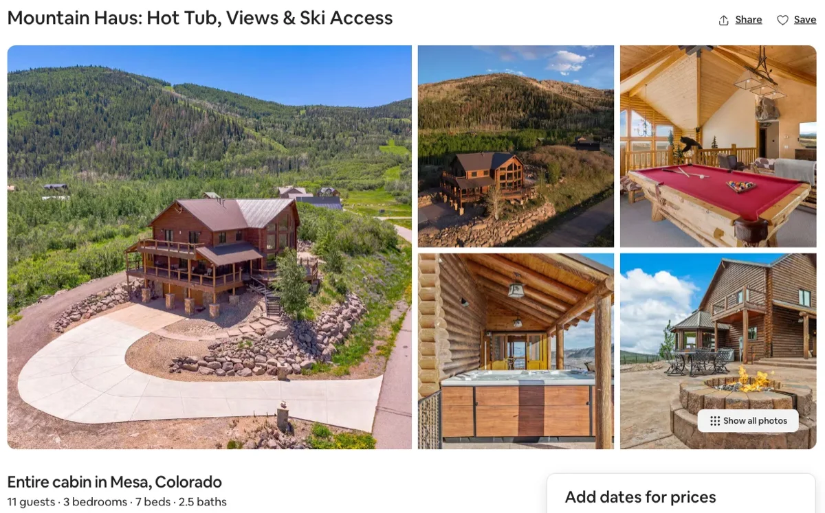 Airbnb listing for Mountain Haus, a log cabin with hot tub and ski access in Mesa, Colorado