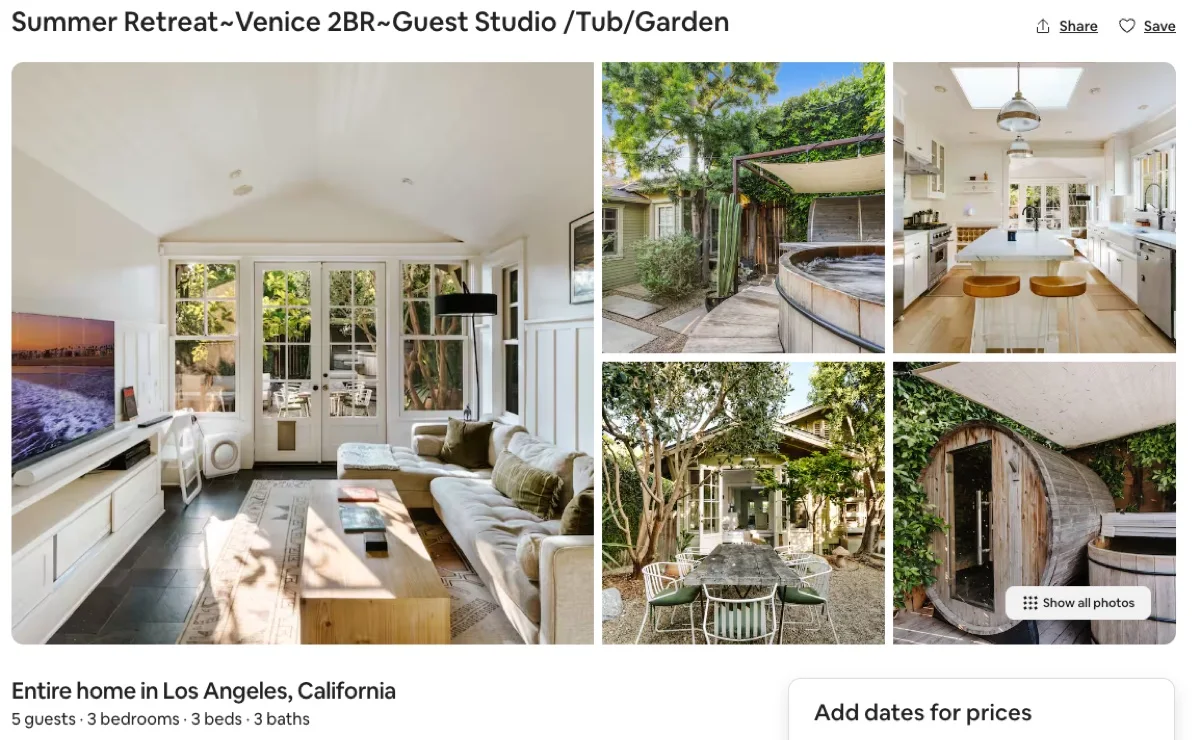 Airbnb listing for a summer retreat with guest studio and garden in Venice, Los Angeles